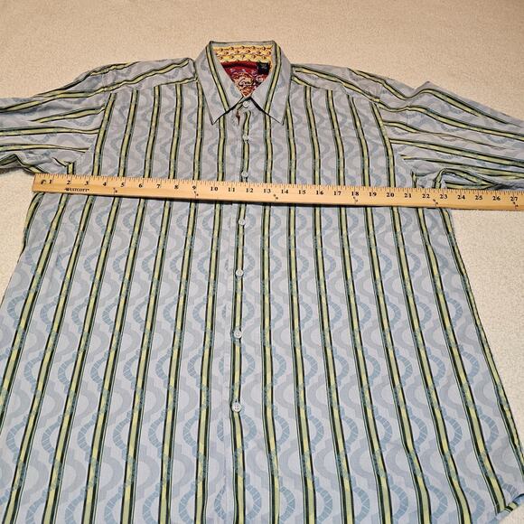 Robert Graham Men’s XL Button Front Shirt Blue Green Stripe Flipp Cuffs - Picture 8 of 11